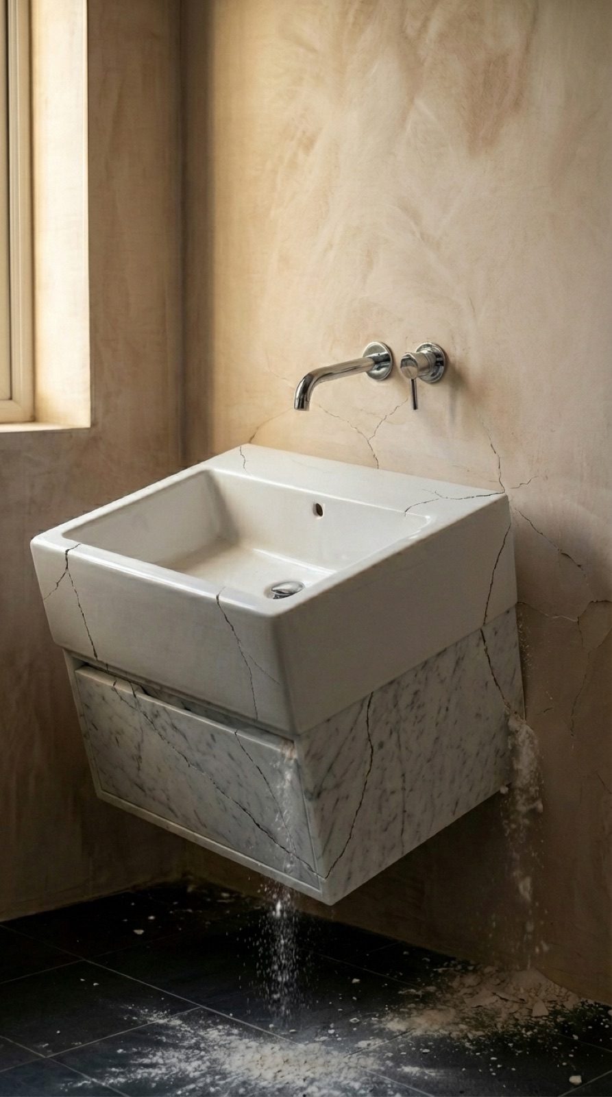 Lavabo suspendido inclinado con grietas visibles alrededor de las fijaciones