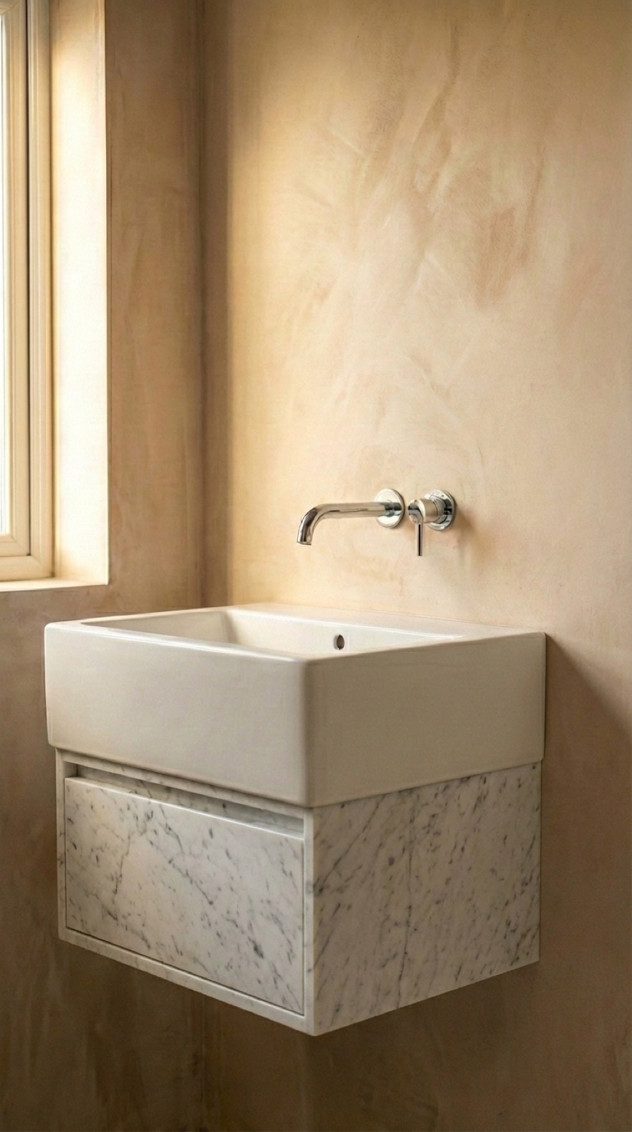 Lavabo suspendido correctamente instalado sobre una pared reforzada