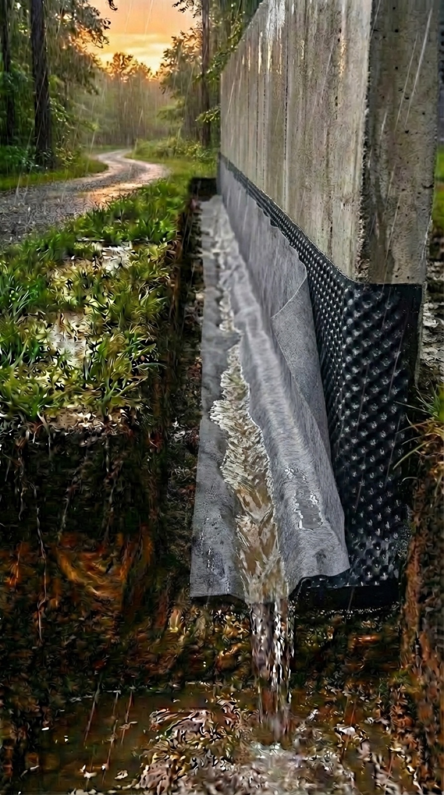 Lámina drenante con geotextil aplicada sobre la lámina impermeabilizante del muro
