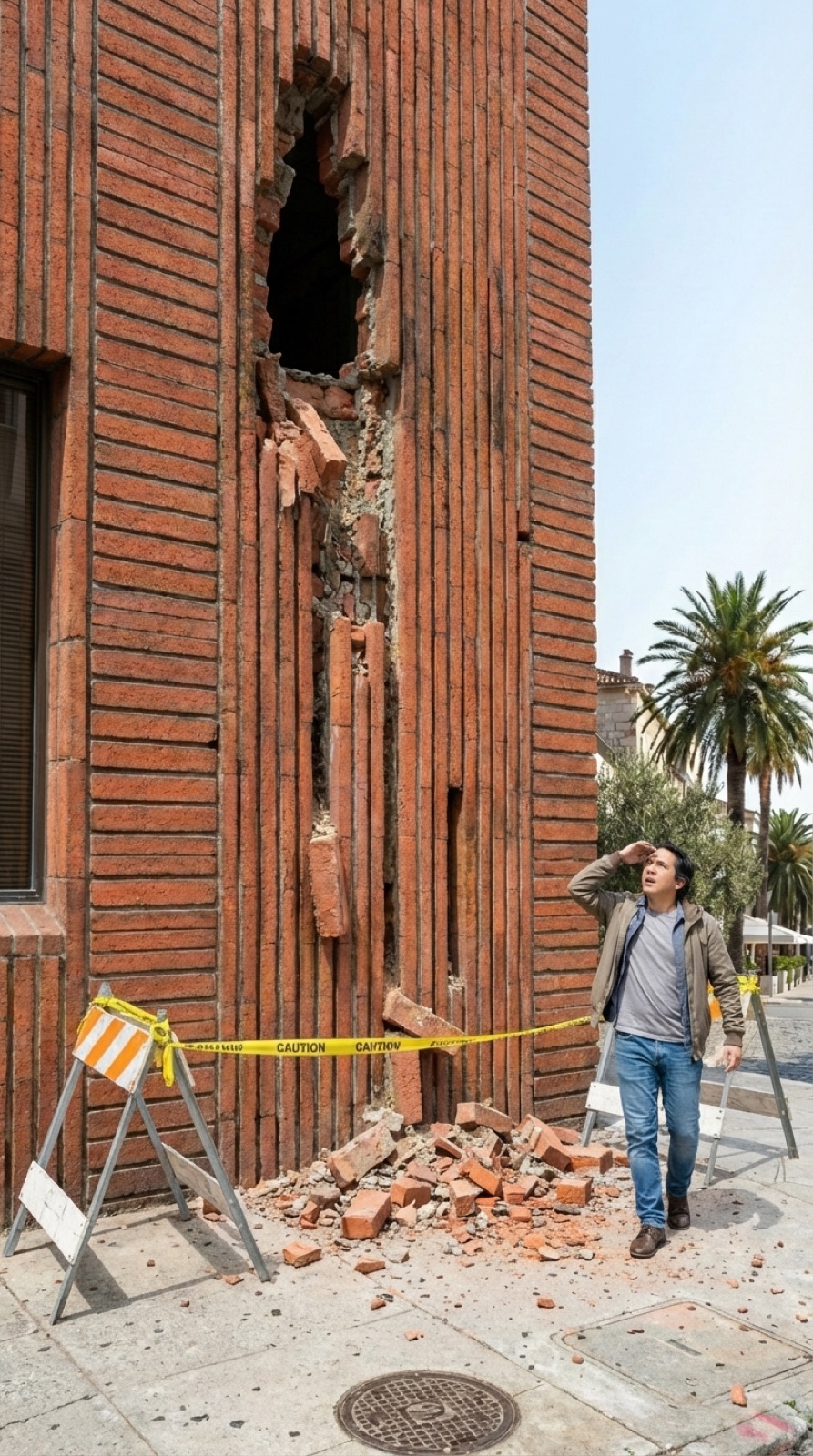 Ladrillo caído en la calle por la pérdida de agarre del mortero