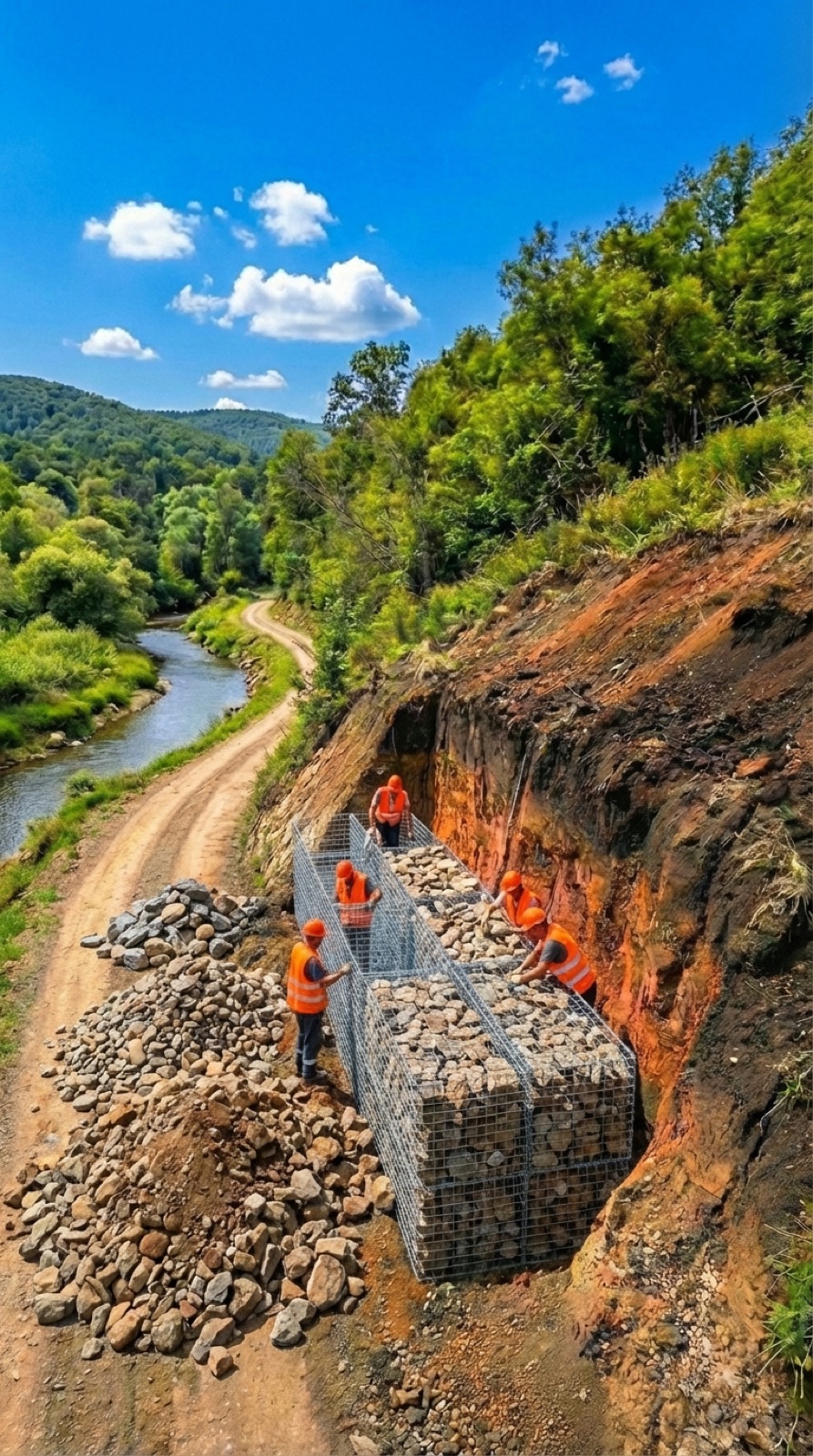 Obreros rellenando las jaulas de gaviones con piedra del terreno