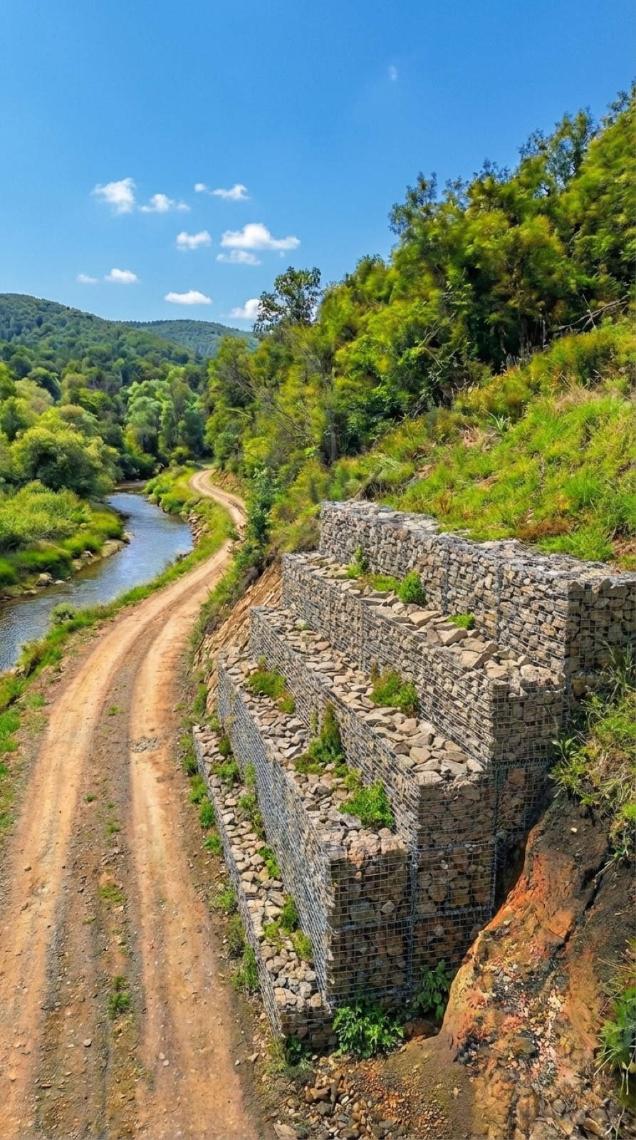Muro de gaviones escalonado estabilizando el talud con vegetación entre las piedras