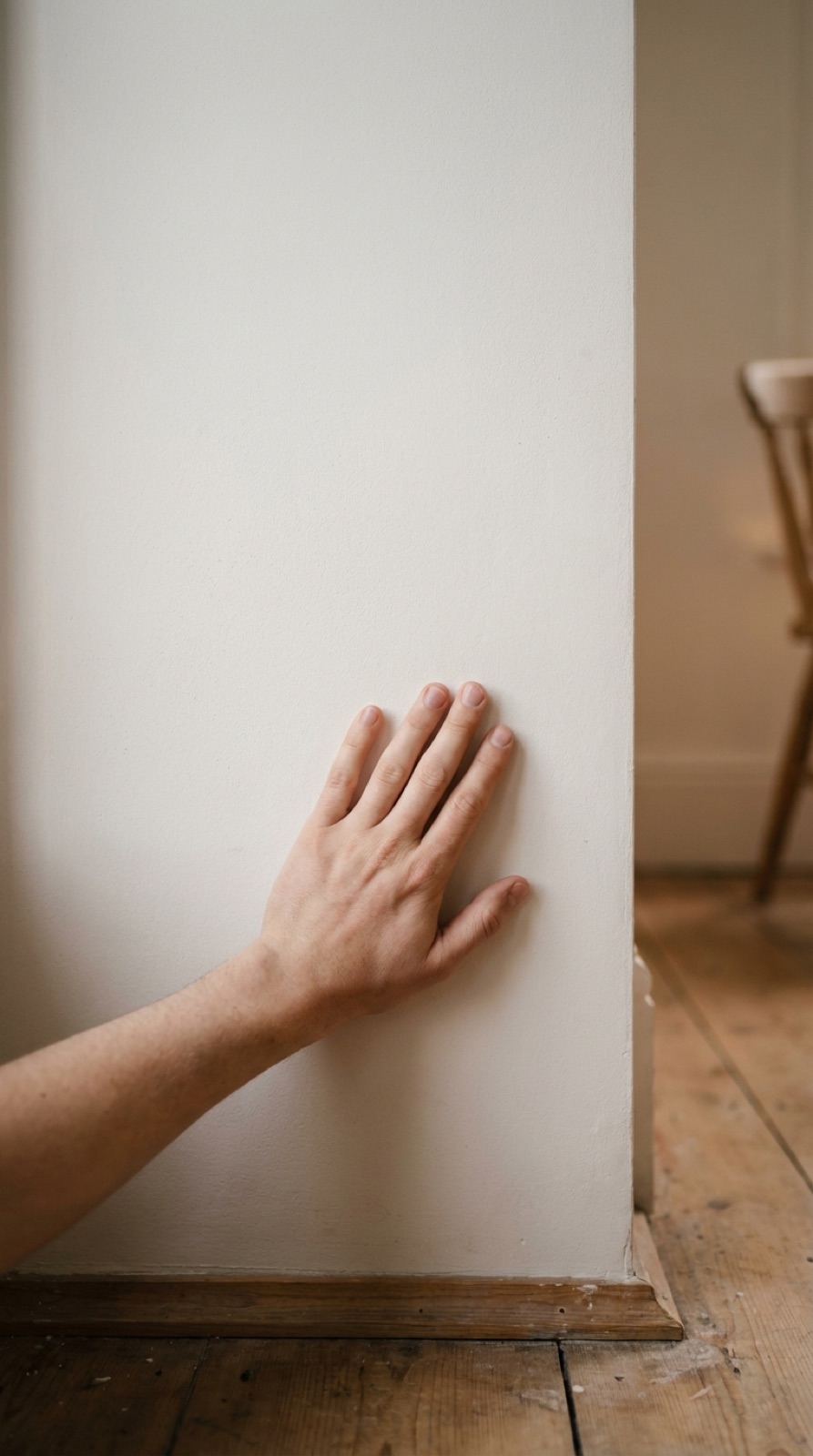 Mano apoyada contra una pared aparentemente seca que oculta humedad interior