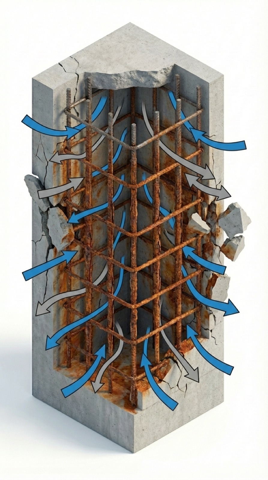 Corrosión avanzada del acero estructural interior del pilar