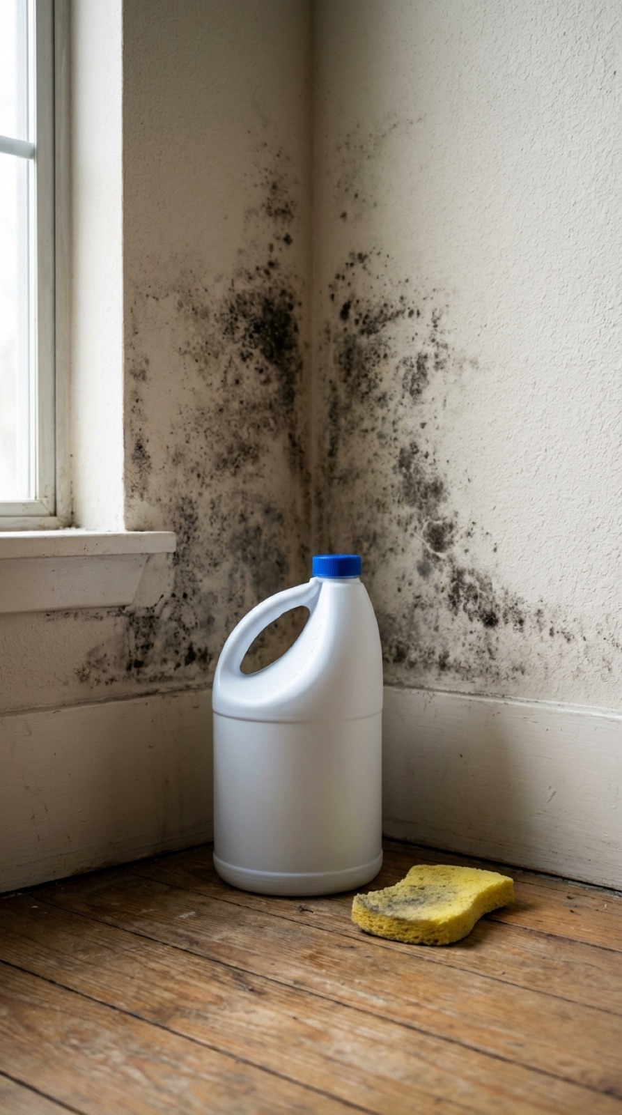 Botella de lejía y esponja junto a una esquina de pared cubierta de moho negro