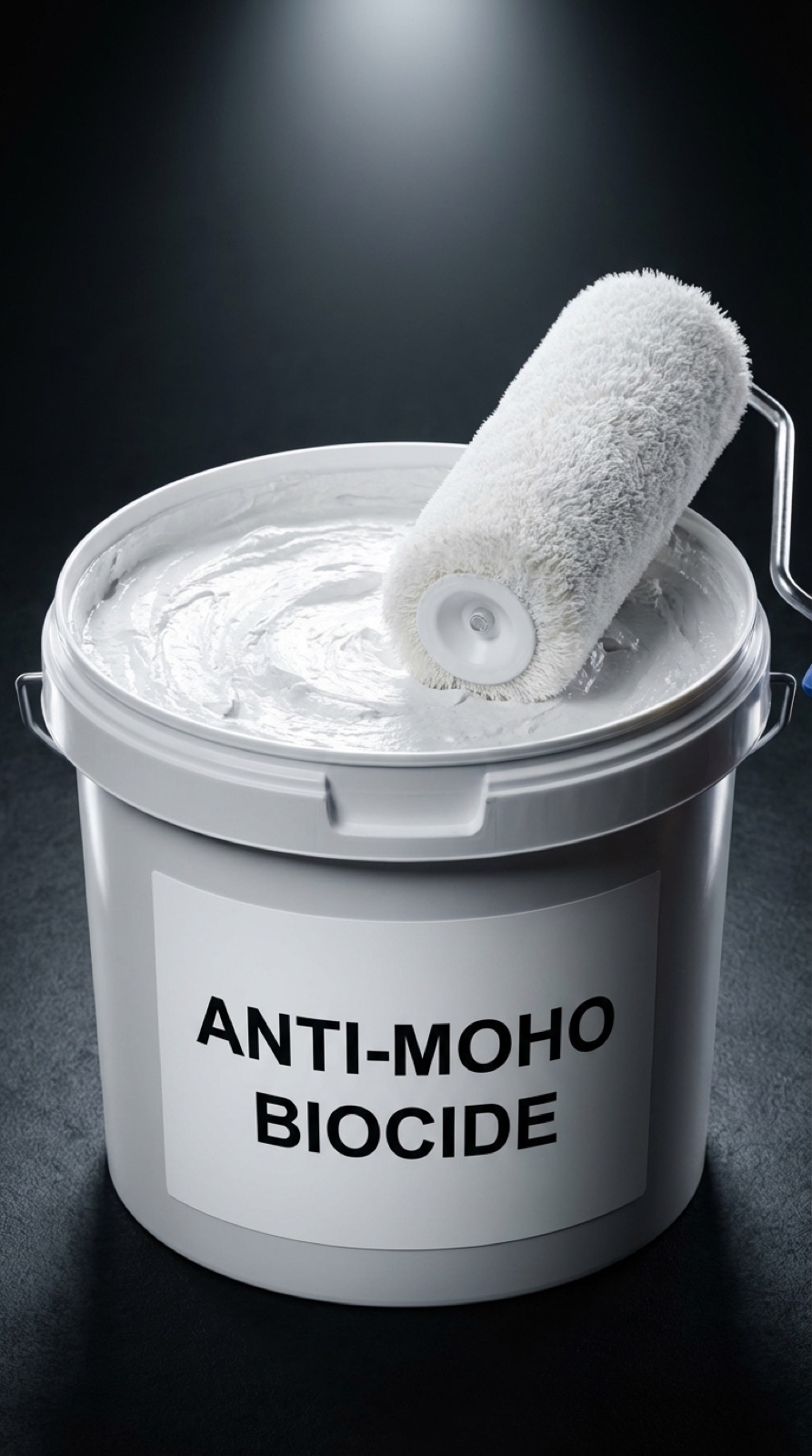 Bote de pintura antimoho con biocida y rodillo de pintar