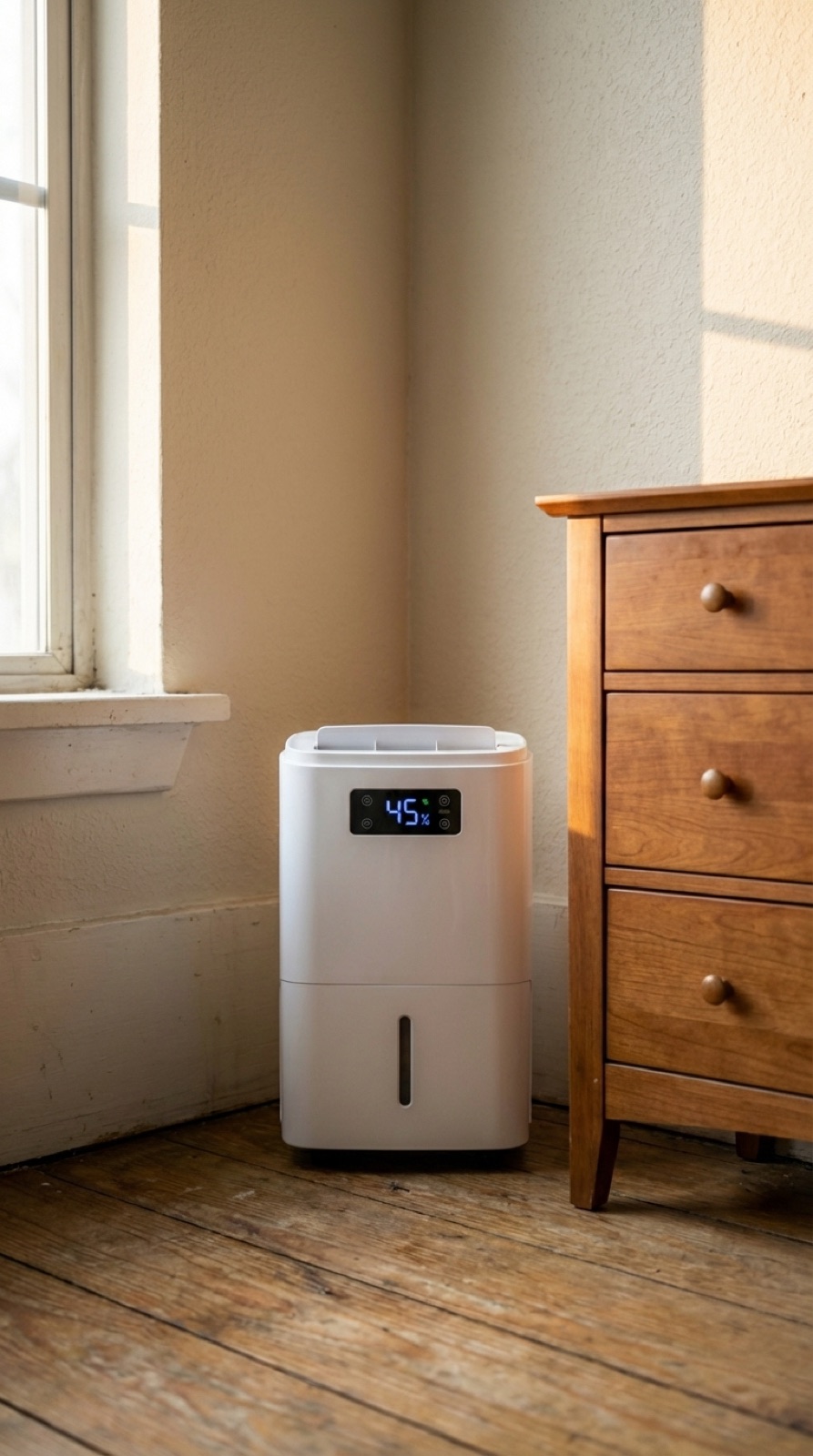Deshumidificador mostrando 45% de humedad en un dormitorio limpio junto a una ventana