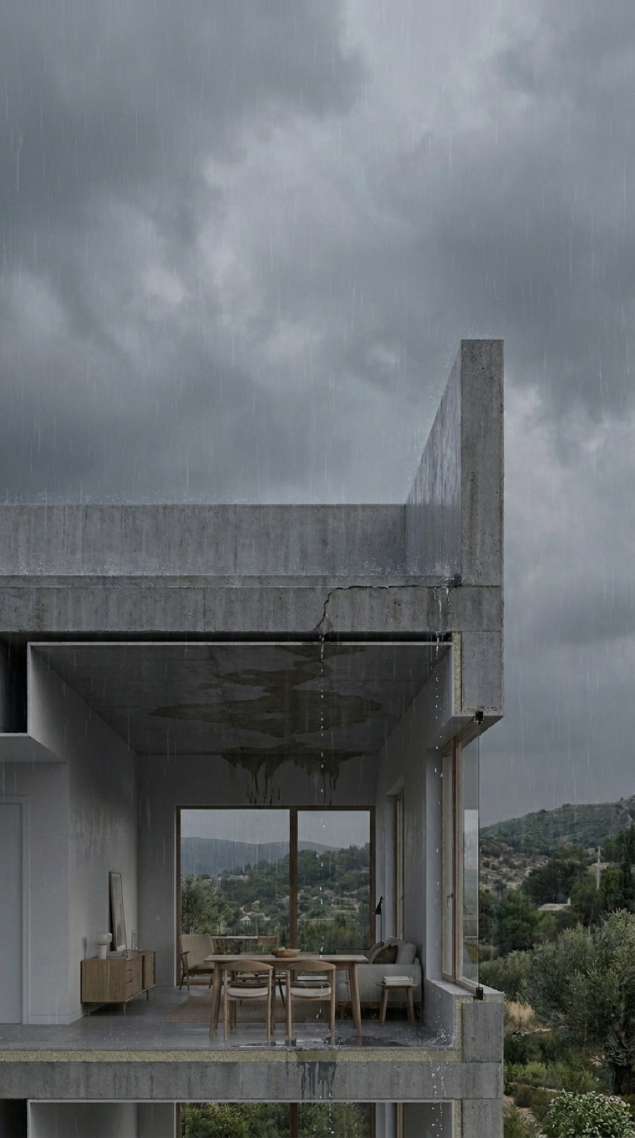 Sección de edificio residencial con lluvia intensa mostrando filtraciones a través de la cubierta plana sin impermeabilizar