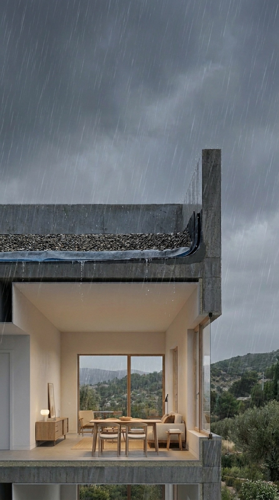 Sección completa del edificio con cubierta impermeabilizada y grava, lloviendo pero con el interior seco