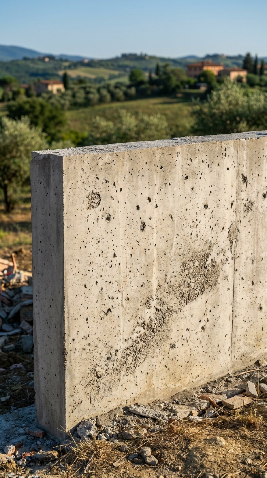 Muro de hormigón acabado con coqueras y huecos de aire visibles en la superficie