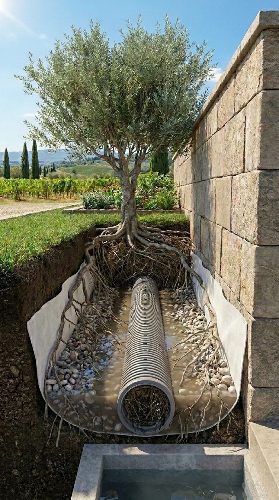 Sección de un sistema de drenaje invadido por raíces de un olivo: el tubo dren está rodeado y atravesado por raíces que bloquean el paso del agua
