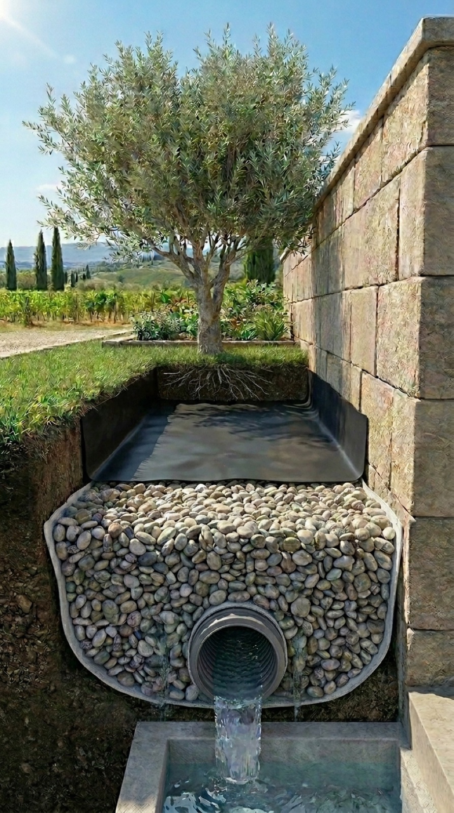 Sección del drenaje con una lámina HDPE negra colocada horizontalmente entre la grava y la tierra vegetal del olivo