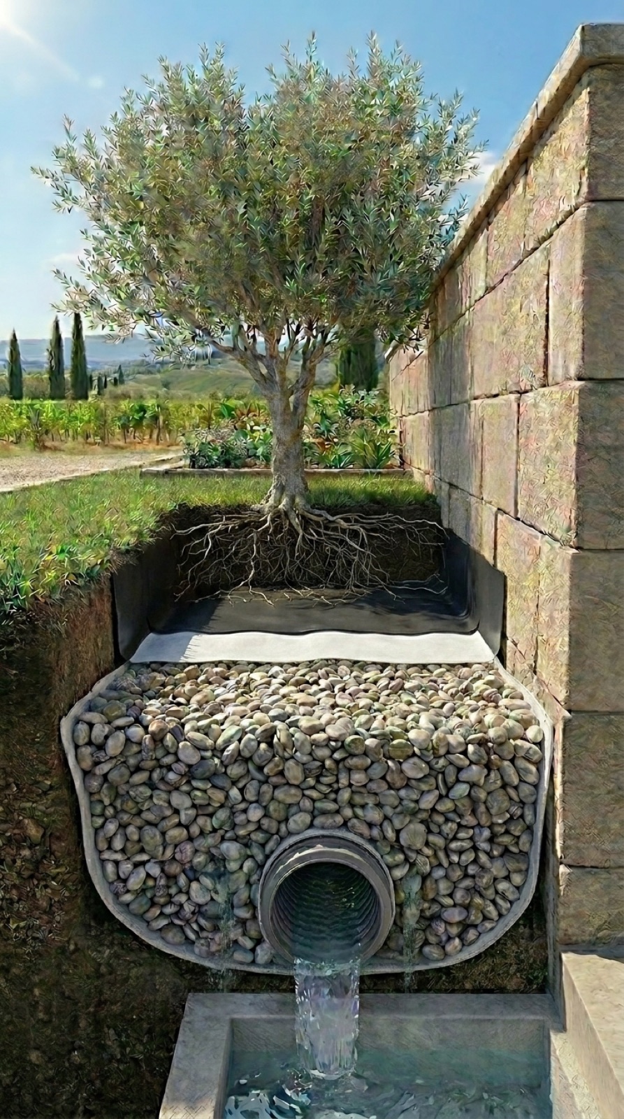 Mismo sistema de drenaje con la malla antirraíces protegiendo el tubo, agua saliendo limpia por la salida del dren