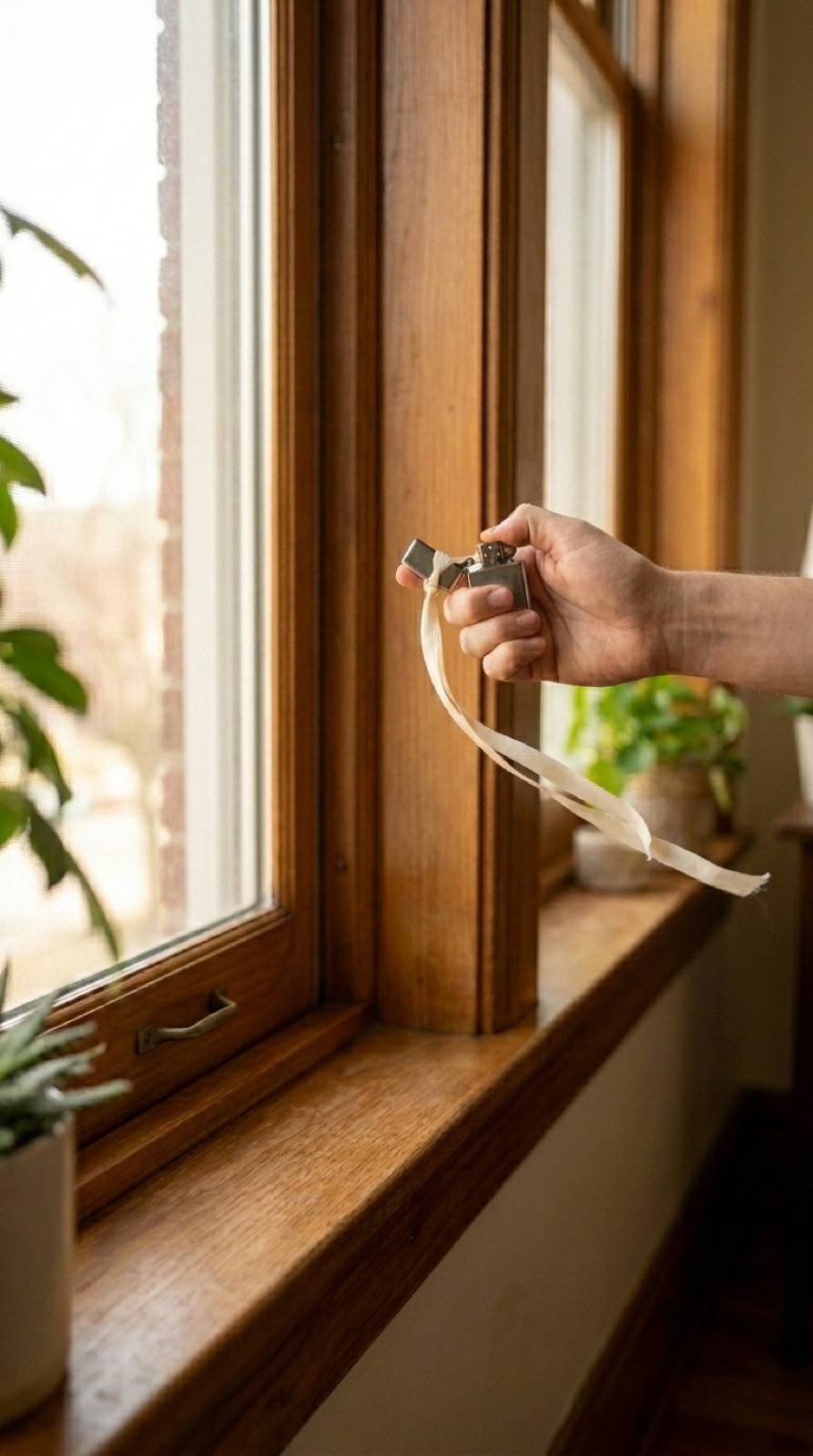 Mano sujetando un mechero con una cinta atada junto al marco de una ventana de madera, la cinta se desvía por la corriente de aire