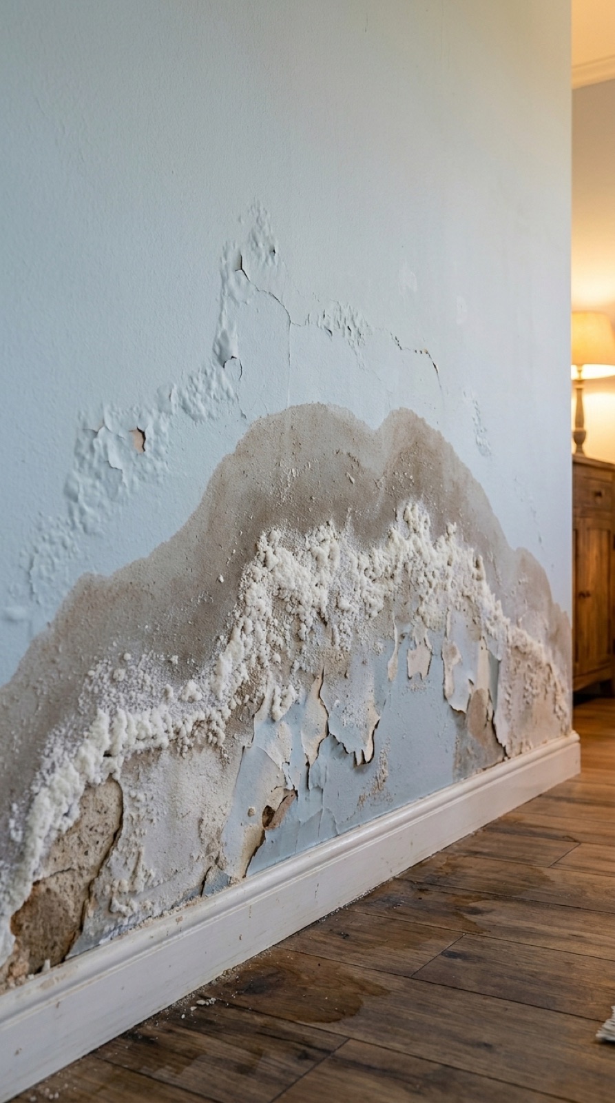 Pared interior con bigote de humedad en la parte baja cubierto de eflorescencia salina blanca y pintura descascarillada