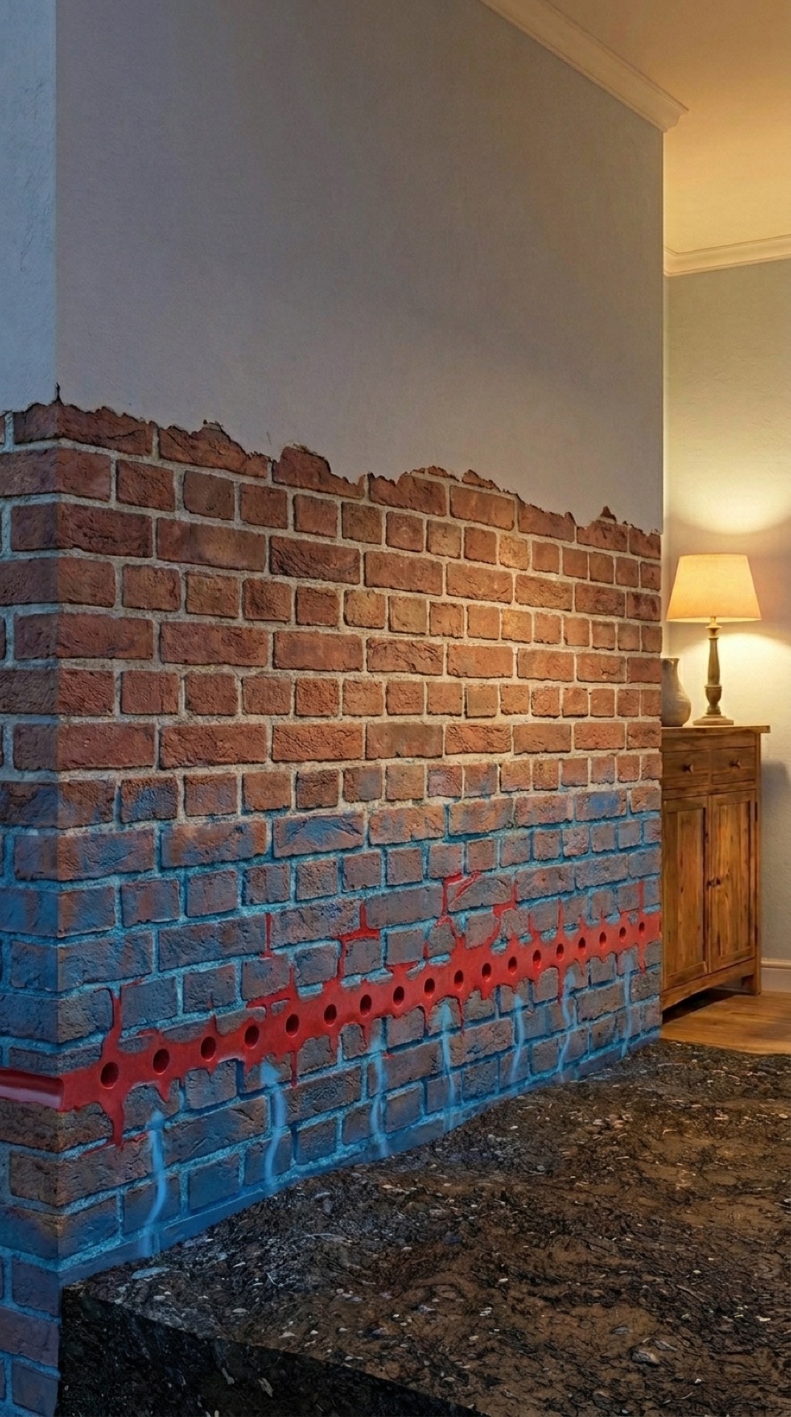 Sección de muro de ladrillo con barrera química roja horizontal bloqueando el ascenso del agua