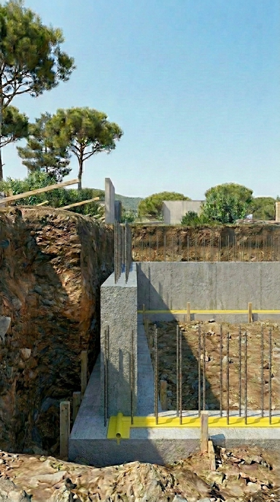 Muro de hormigón de sótano terminado dentro de la trinchera, con la junta horizontal entre zapata y muro visible al fondo