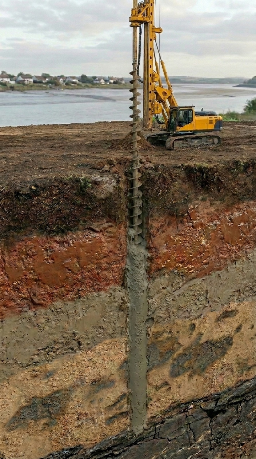 Sección mostrando una pilotadora con la barrena hélice continua extrayéndose del terreno mientras el hormigón fresco rellena el agujero desde el fondo hacia arriba
