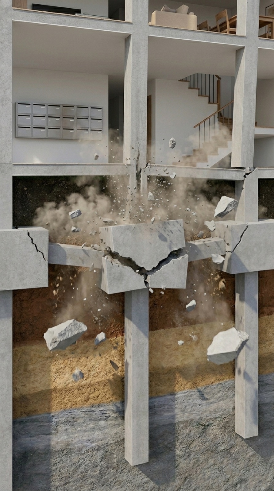 Sección del encepado central de un edificio bajo carga del pilar, con una gran fisura horizontal en la base y una fisura vertical descendiendo desde el punto en que entra el pilar, el encepado todavía mantiene su forma pero está críticamente dañado