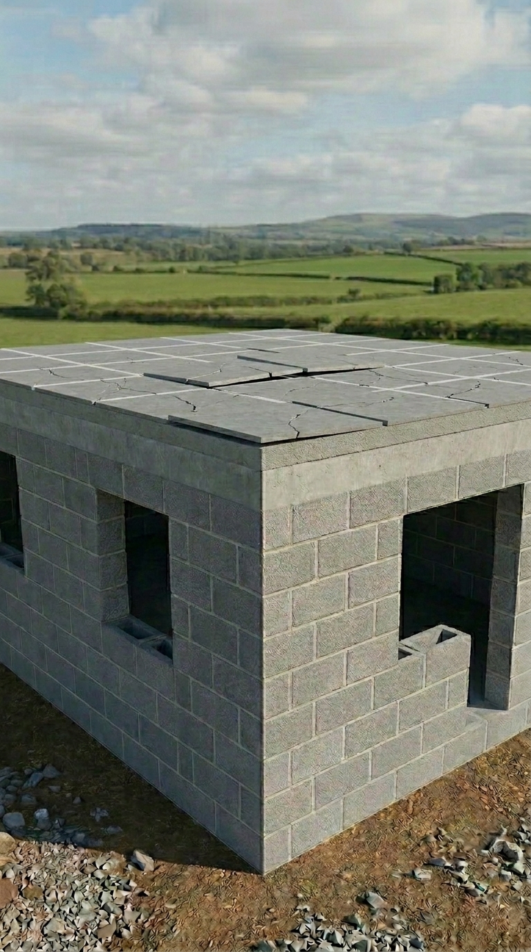 Vista 3D de un forjado con baldosas cerámicas beige levantándose y fisurando en el centro, con las tres capas visibles en el canto: losa de hormigón, recrecido de cemento y baldosas