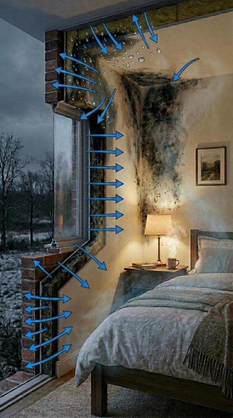 Sección 3D de un dormitorio acogedor con la pared exterior cortada mostrando el aislante de lana mineral ennegrecido por moho oculto y una gran mancha de humedad oscura en el rincón interior de la pared pintada