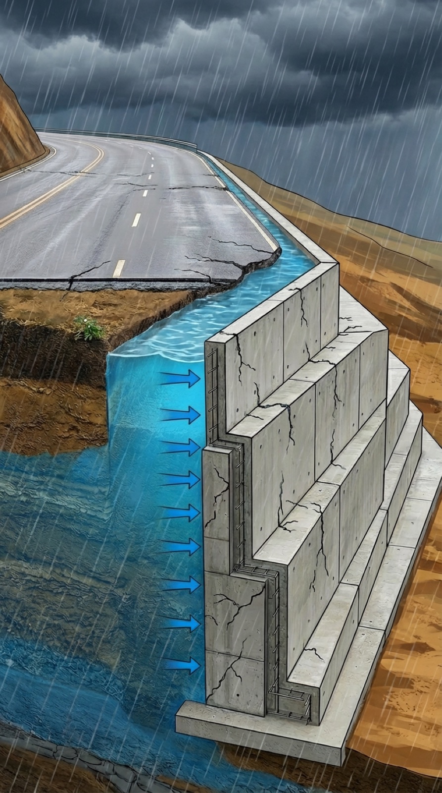 Muro de contención lleno de agua acumulada por la lluvia